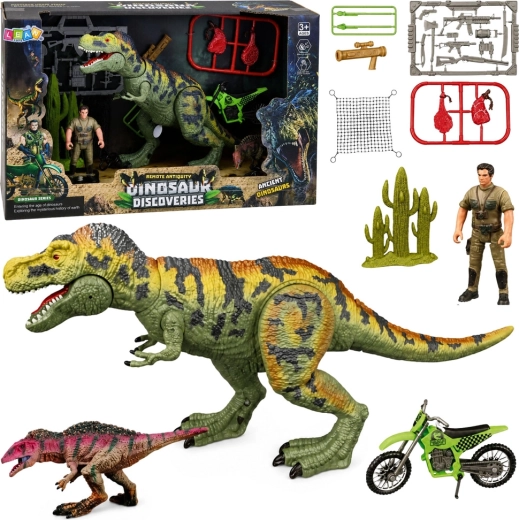 Dětská sada s dinosaury T-Rex se zvuky, lovcem a motorkou