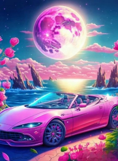 Diamantové malování – kabriolet v růžovém ráji 30 × 40 cm