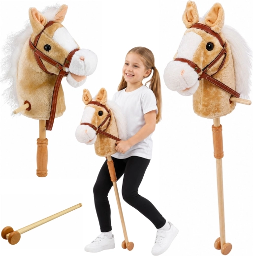 Hobby horse na tyči s kolečky a zvuky, béžový 100 cm