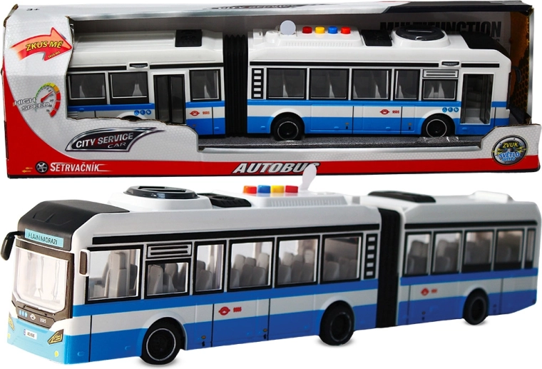 Kloubový autobus 1:16 modrý se zvuky na setrvačník