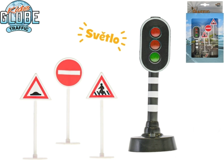 Semafor na baterie se světlem 13 cm + 3 dopravní značky KIDS GLOBE TRAFFIC