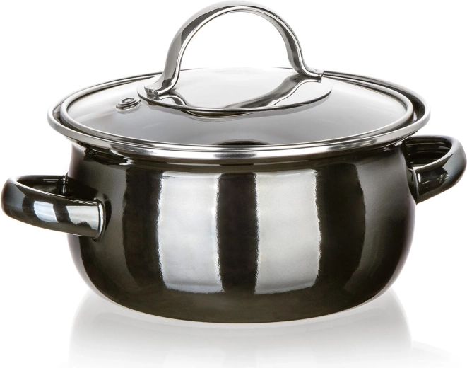Smaltovaný hrnec se skleněnou poklicí 14 cm, 0,7 l, Metallic Black
