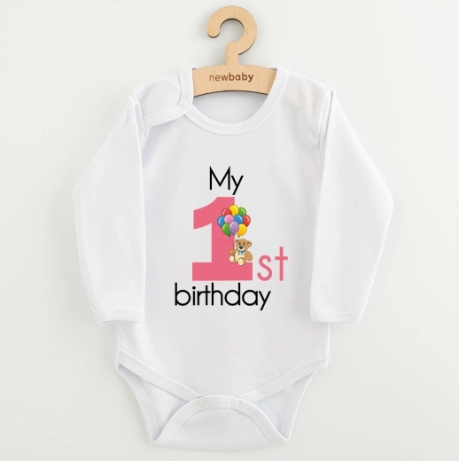 Dětské body s potiskem New Baby My First Birthday růžové, vel. 86 (12–18 měsíců)