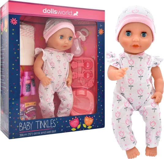 Dolls World miminko Baby Tinkles 38 cm s funkcí pití a čůrání s příslušenstvím