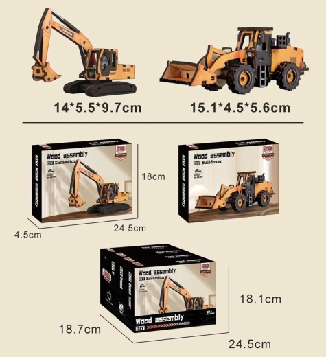 Dřevěná stavebnice stavební stroj 14 cm (nakladač nebo bagr) - 1 kus