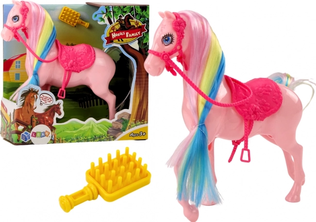 Figurka Koně s Barevnou Hřívou a Růžovým Sedlem