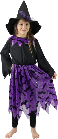 Dětský kostým čarodějnice s kloboukem a motivem netopýrů (velikost s)