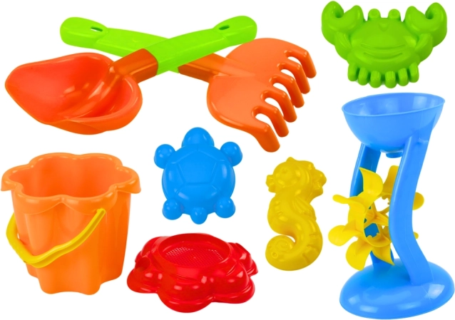 Barevná sada pískových hraček s mlýnkem a formičkami