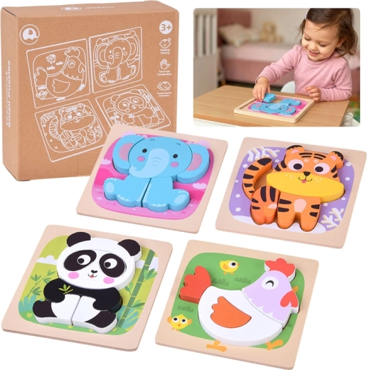 Dřevěné vkládací puzzle se zvířátky - 4 ks