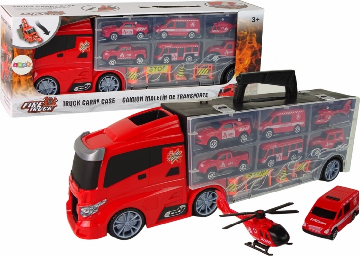 hasičský kamion s návěsem a autíčky – přepravník záchranářů