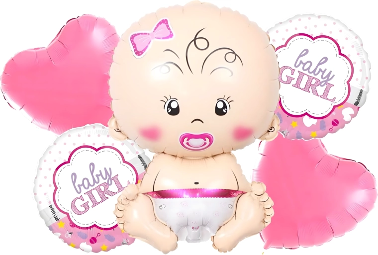 Balonky na baby shower pro holčičku – sada 5 ks s hvězdičkami a motivem miminka