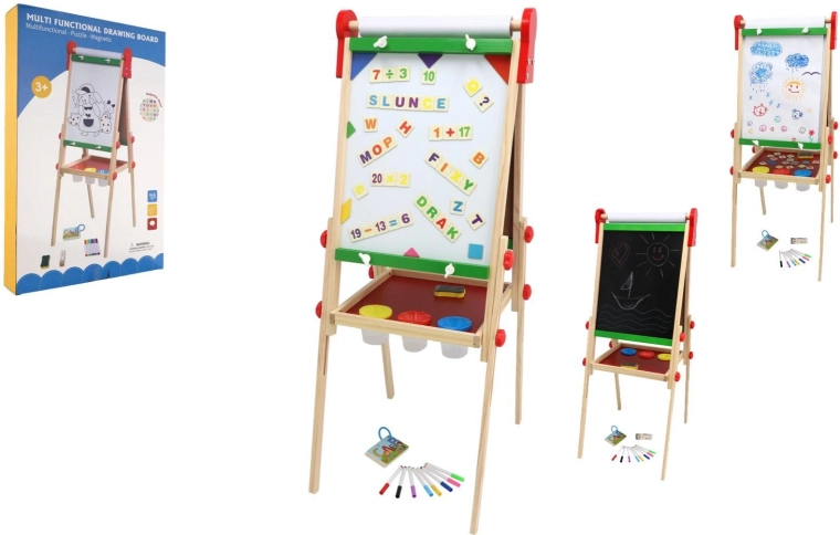 Oboustranná dětská magnetická tabule z dřeva s papírovou rolí a doplňky 35 × 43 cm