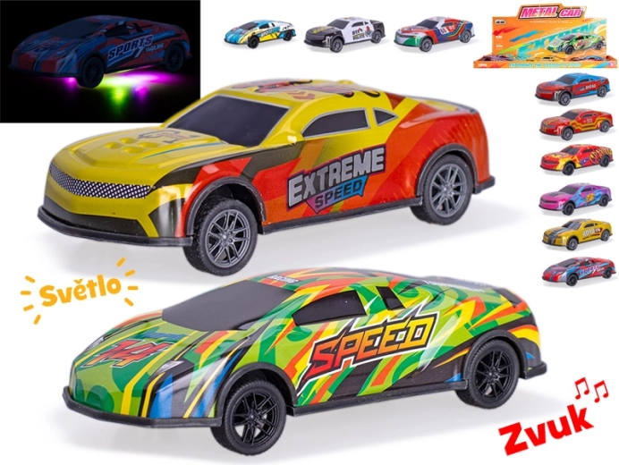 Kovové závodní autíčko 12,5 cm se světly a zvuky, zpětný chod
