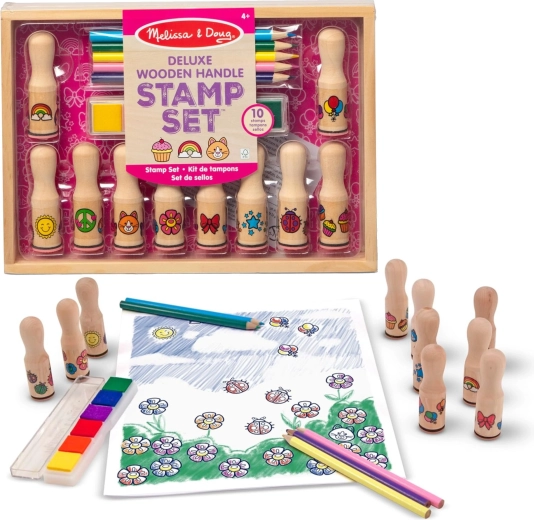 Melissa & Doug kreativní sada dřevěných razítek s inkousty a pastelkami