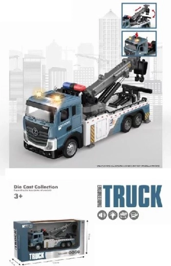 Kovový nákladní automobil s jeřábem a přívěsem se světly a zvuky