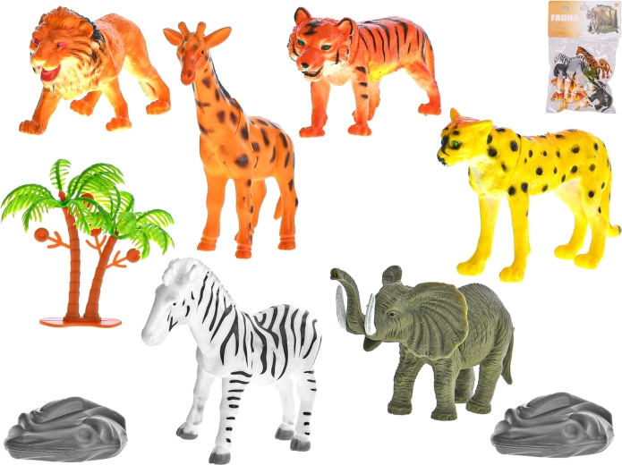 Sada safari zvířátek 10 cm, 6 ks s doplňky v sáčku