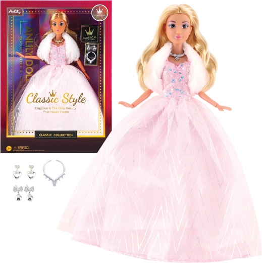 Módní panenka ve společenských světle růžových šatech