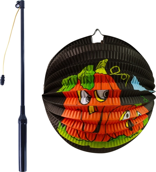 Halloweenský papírový lampion dýně 25 cm se svítící hůlkou 50 cm
