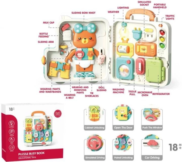 Manipulační tabule ve tvaru medvídka – dřevěná vzdělávací hračka pro rozvoj motoriky