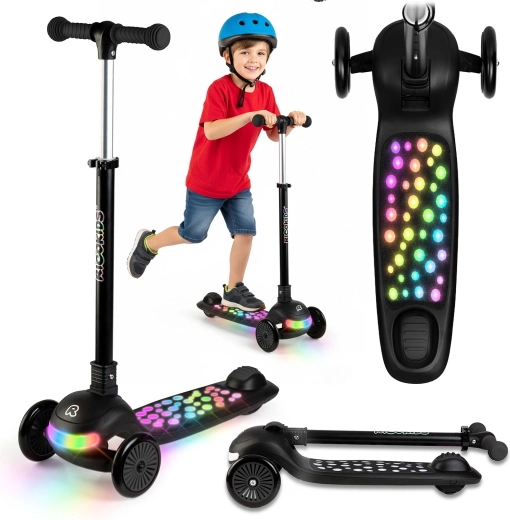 Dětská tříkolová balanční koloběžka s LED podsvícením Ricokids Glowi – černá