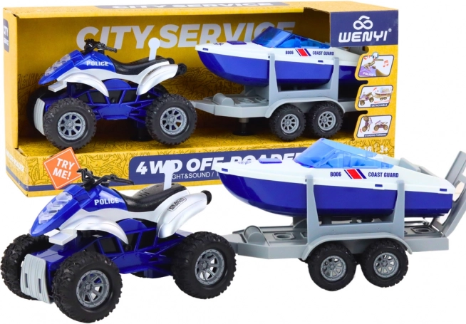 Policejní čtyřkolka s přívěsem a motorovým člunem