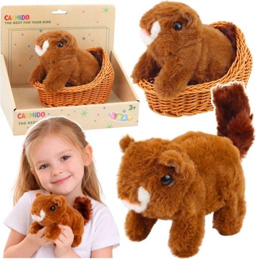 Interaktivní plyšová veverka v košíku – chodí a vydává zvuky, hnědá