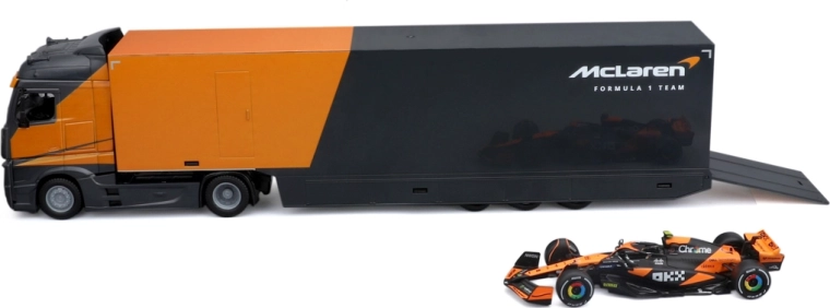 Bburago racing hauler tahač s návěsem a formule 1 McLaren MCL38 2024 Lando Norris 1:43