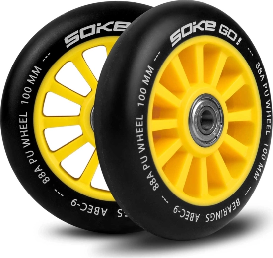 Žlutá kolečka na koloběžku 100 mm SOKE – sada 2 ks