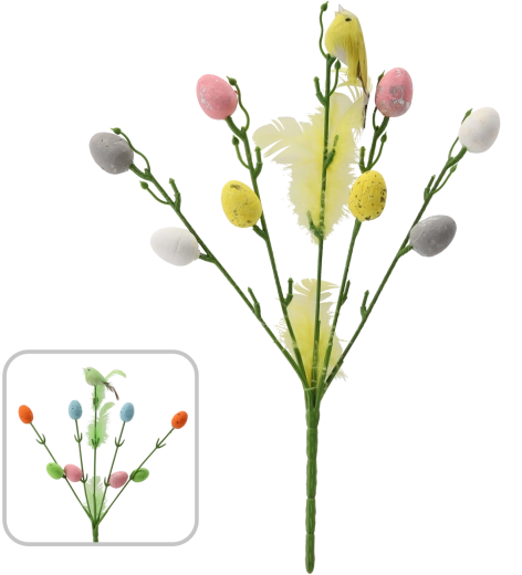 Velikonoční větvička s ptáčkem a vajíčky na špejli 30 cm