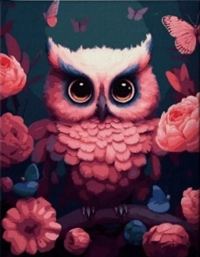 Diamantové malování Růžová sova 30 × 40 cm