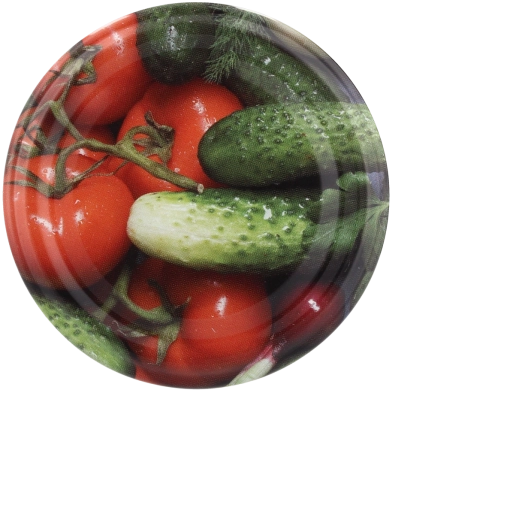 Sada kovových zavařovacích víček 66 mm s motivem okurky a rajčete, 10 ks