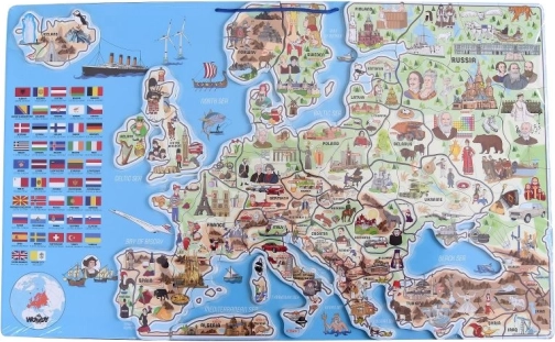 Woody Magnetická mapa Evropy s obrázky a společenskou hrou, 3v1