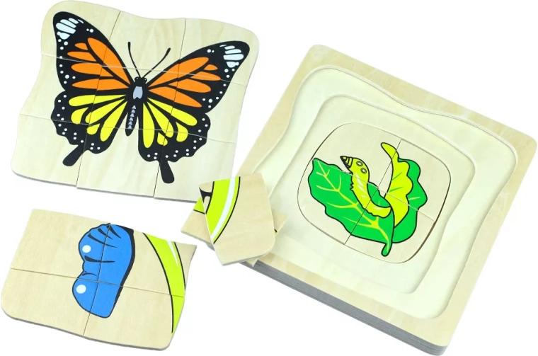 Životní cyklus motýla – dřevěné vícevrstvé Montessori puzzle