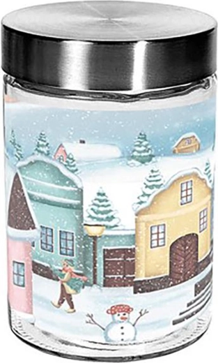 Skleněná dóza na cukroví TORO 1100 ml s motivem vesničky