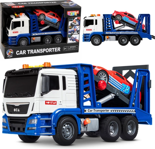 Hračkářský autotransportér (odtahovka) se sportovním autem, světla a zvuky, modro-bílý - 1 kus