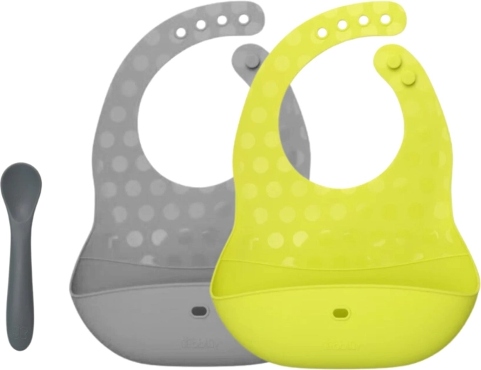 Bblüv Pöket set silikonových bryndáků a lžičky lime/grey