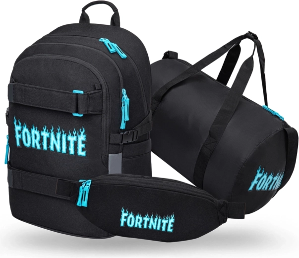 Baagl set Fortnite blue – školní batoh Skate, sportovní taška Hoop a ledvinka Snap
