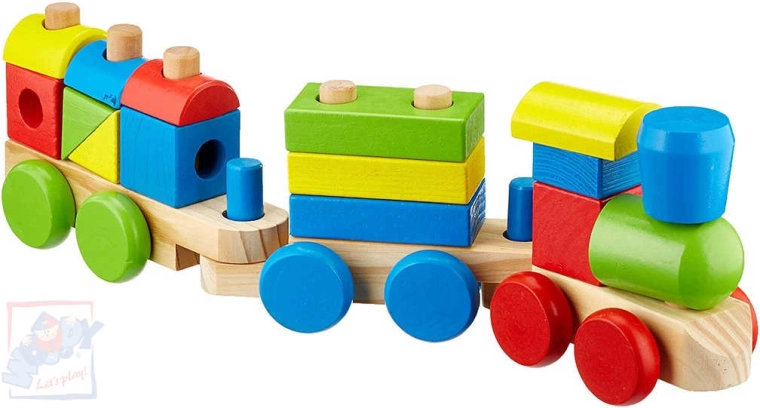 WOODY Dřevěný navlékací vláček s tvary - 18 ks