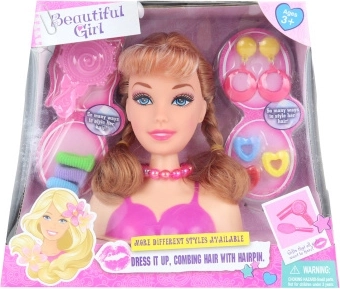 Česací hlava s doplňky pro účesy