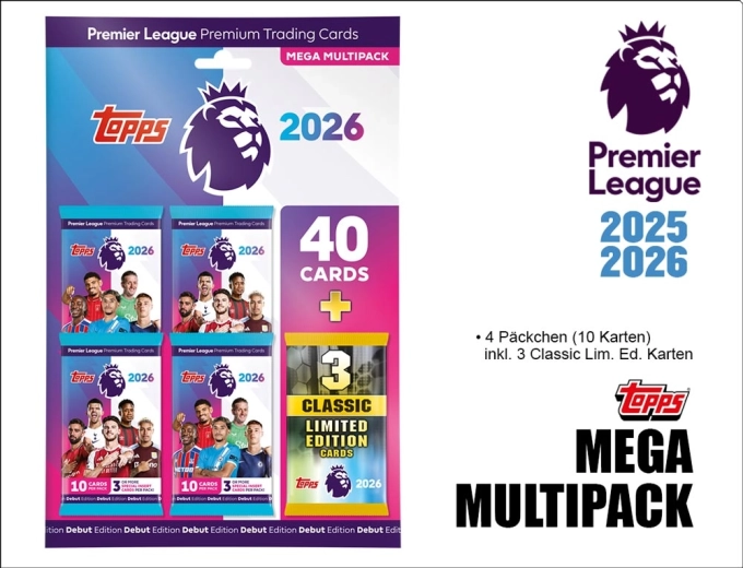 Topps Premier League sběratelské karty 2025/2026 mega multipack