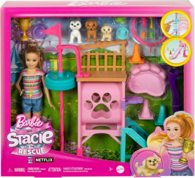 Barbie sada s panenkou Stacie a psím hřištěm, mazlíčci a doplňky - 1 kus