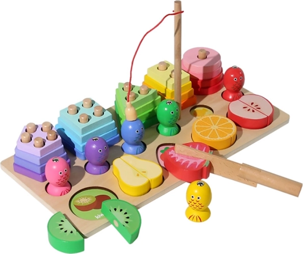 Dřevěná montessori skládačka 3v1 – ovoce, rybičky a krájení