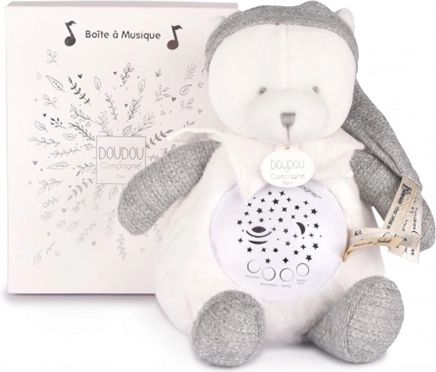 Doudou et Compagnie hudební noční světýlko s projekcí hvězd medvídek šedý – dárková sada