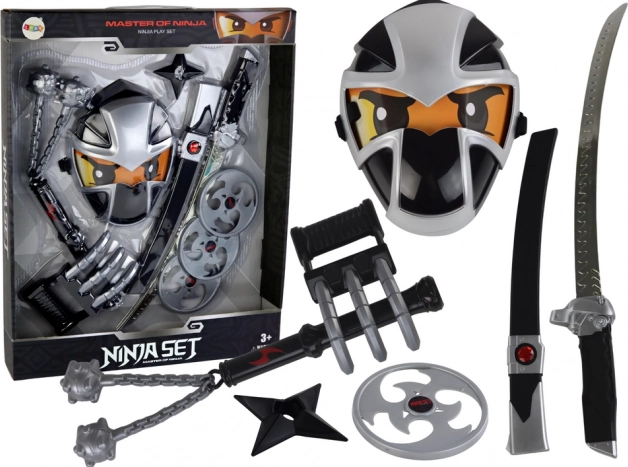 Dětský ninja set s meči, maskou, shurikenem, disky, drápy a palcátem