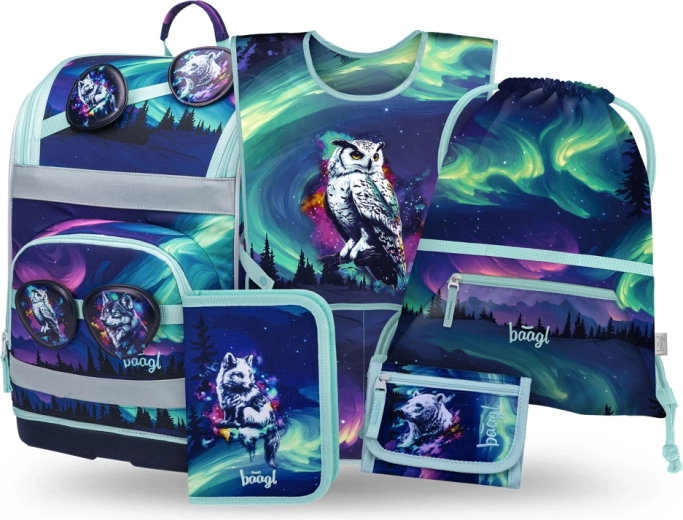 Školní set BAAGL Zippy Plus Aurora – aktovka, penál, sáček a peněženka z recyklovaných materiálů