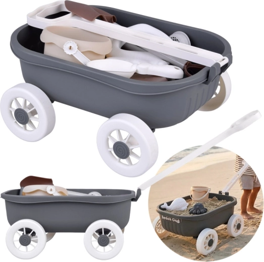 Elegantní písečná sada s vozíkem, kyblíkem a formičkami – 16 dílů