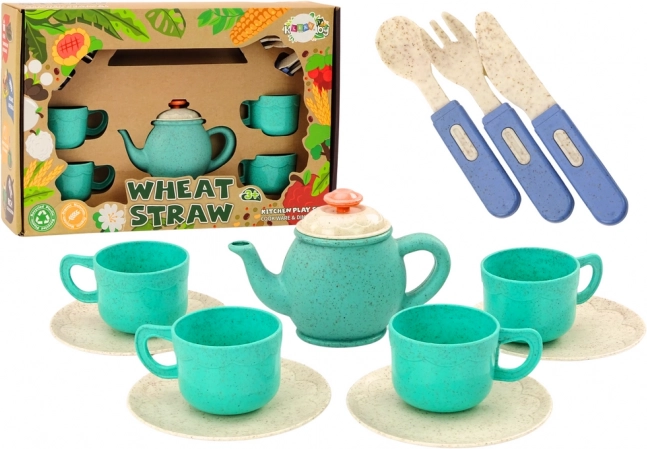 Sada nádobí s šálky, talířky, příbory a konvicí 22 ks