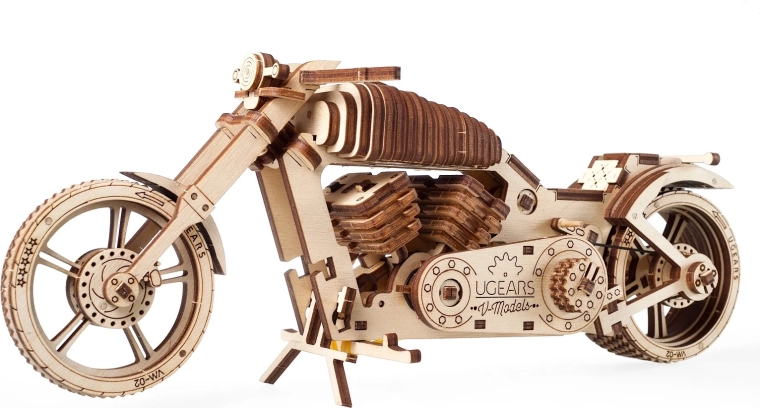 Dřevěné 3D puzzle motorka UGEARS – mechanický model bez lepení
