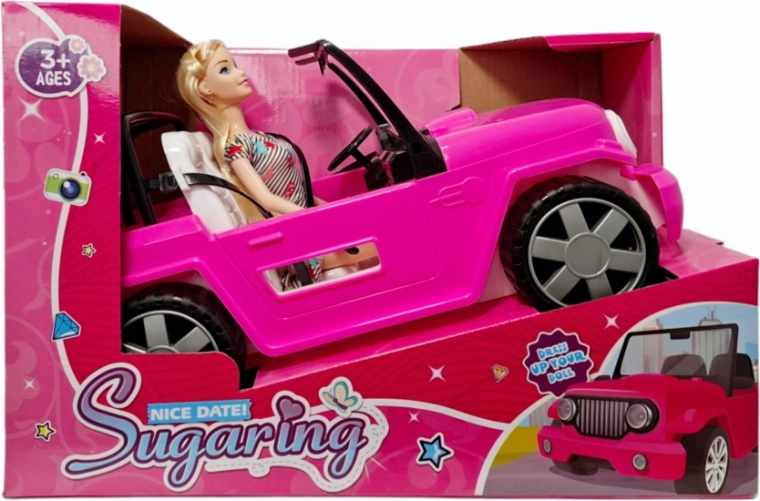 Auto pro panenku s panenkou - kabriolet v tmavě růžové barvě