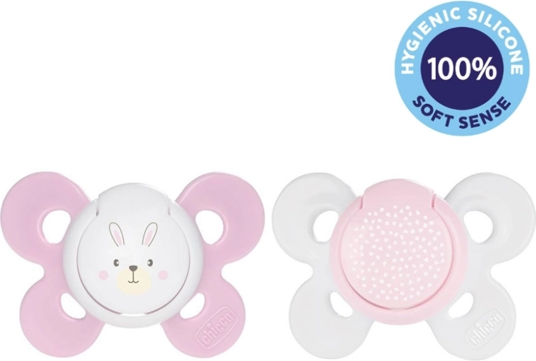 Chicco dudlík Physio Comfort silikonový 2–6 m, dívčí motiv zajíček/tečky, 2 ks